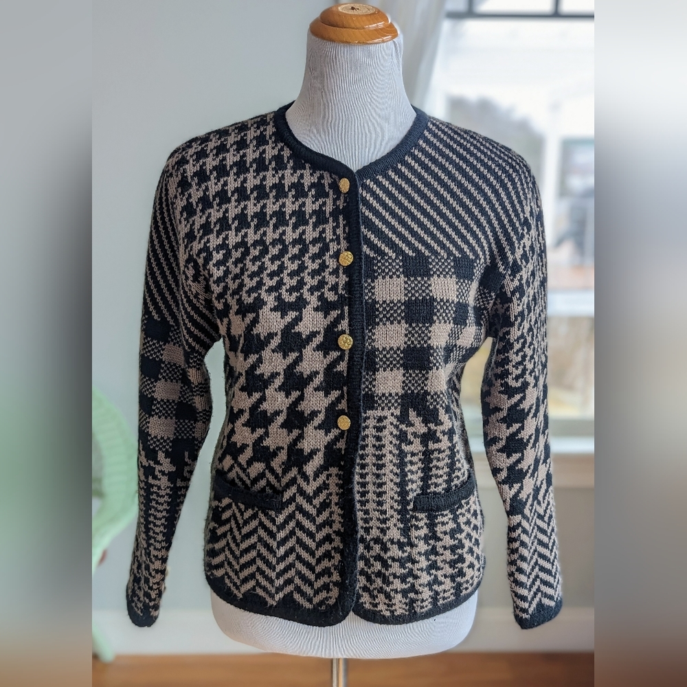 Vintage 80s 90s Tally Ho Houndstooth Striped Patchwork Cardigan Sweater Small